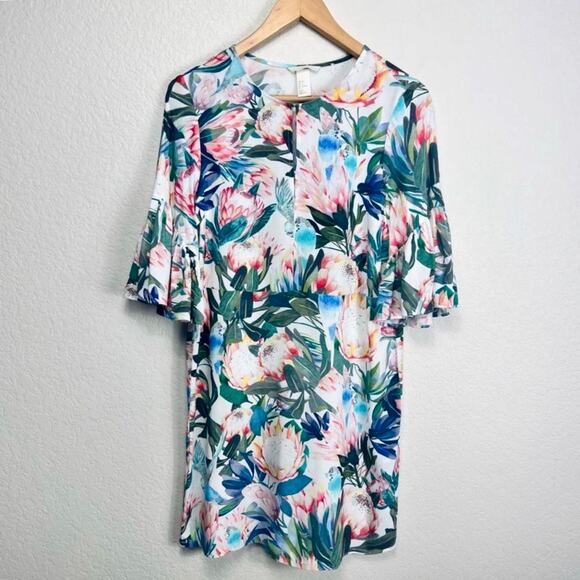 H&M Womens Dress Size 4 White Floral Ruffle Sleeve Viscose Tropical - Picture 1 of 8